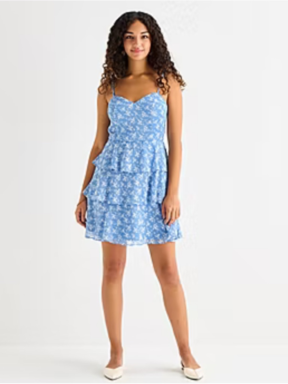 Light Blue Floral Tiered Spaghetti-Strap Mini Dress